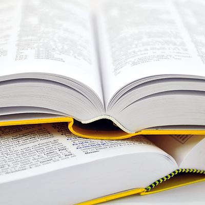 Image of two yellow dictionaries open and stacked