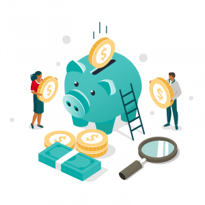 Illustration of teal piggy bank with a female and male depositing oversized coins